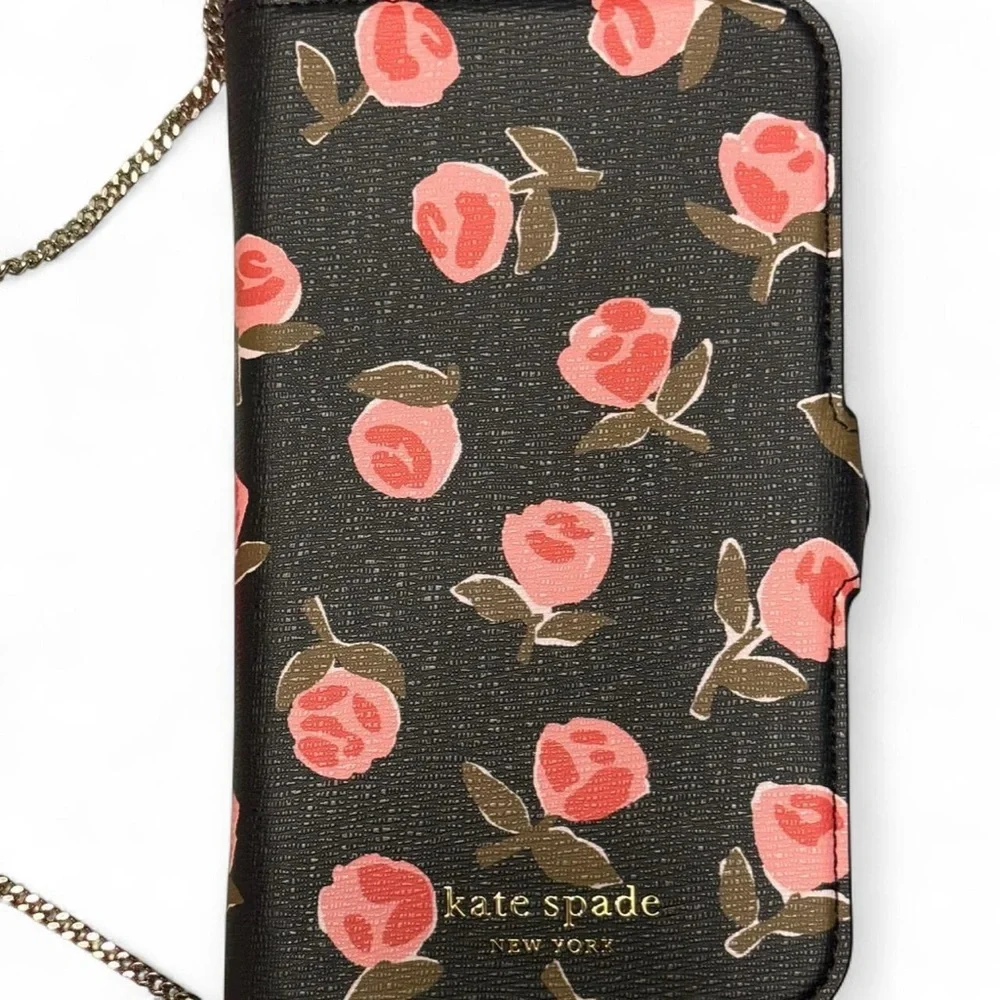 kate spade Black Floral Crossbody Phone Wallet with Pink Roses